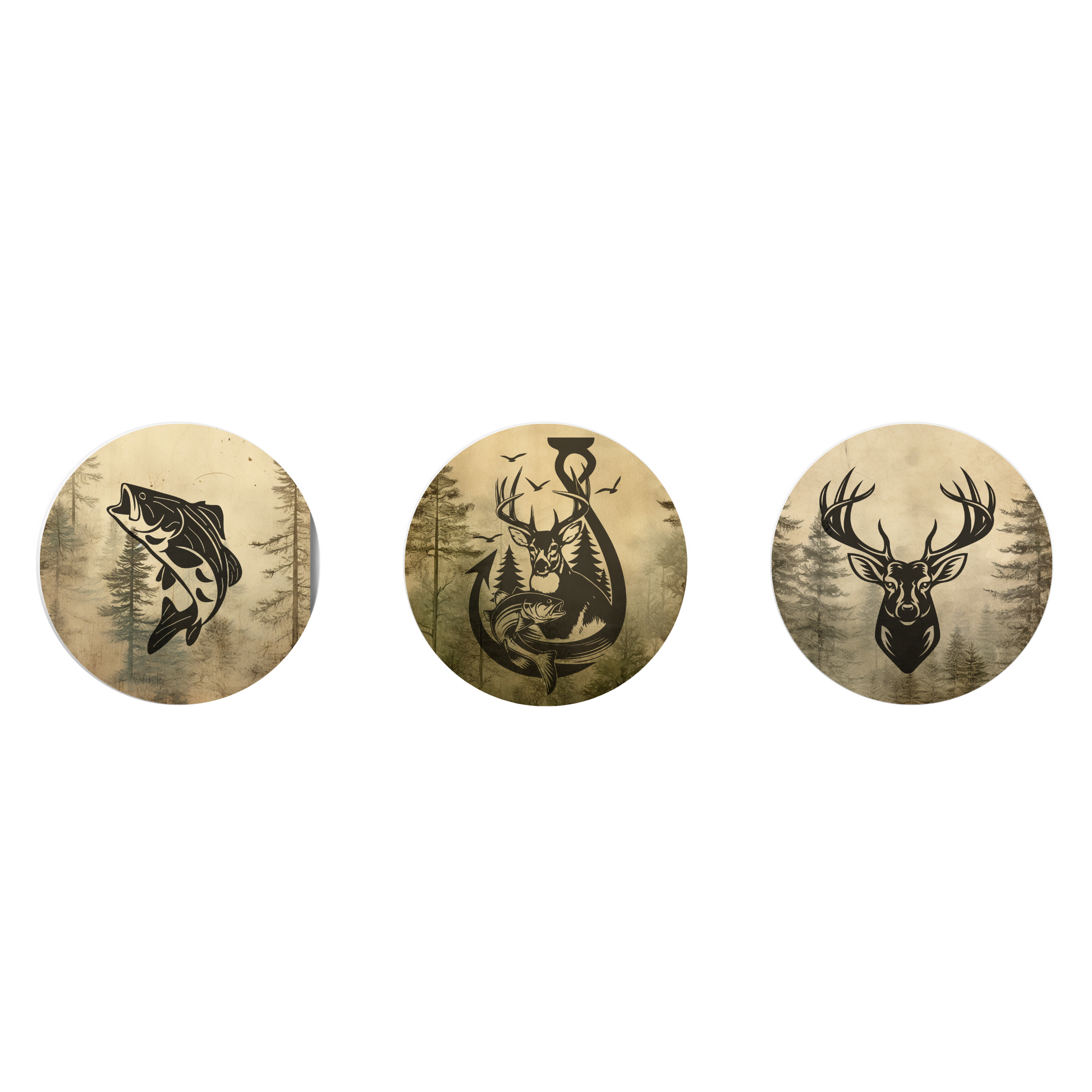 Three round magnets with deer and fish designs on a beige woodland background