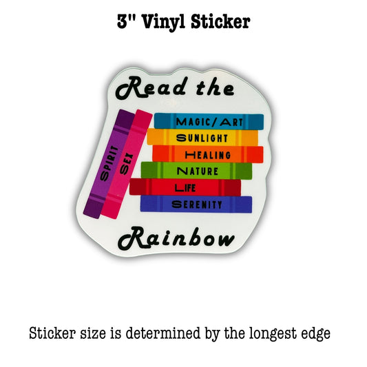 Vinyl sticker with colorful books, each labeled with a LGBTQUIA+ theme, and 'Read the Rainbow' theme on a white background