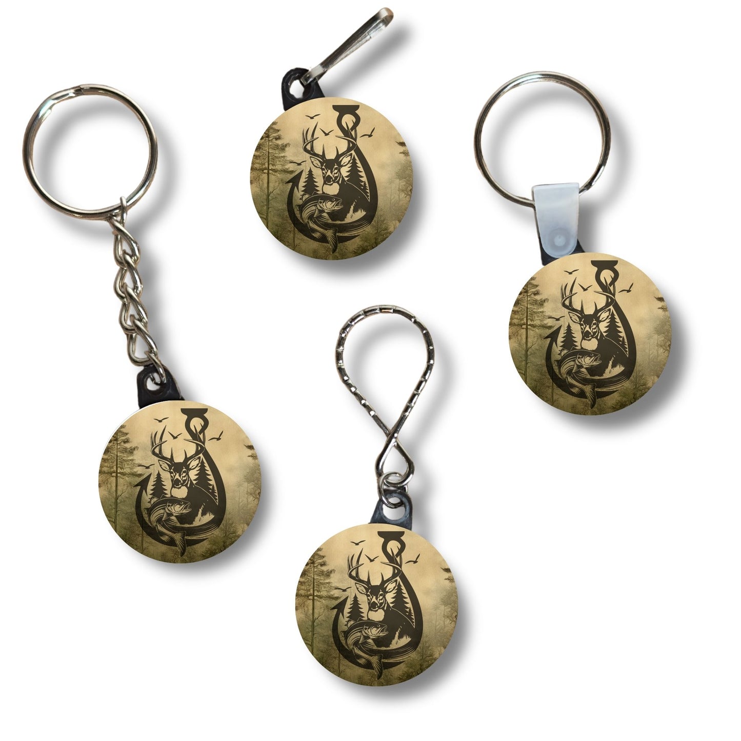 Four keychains with circular designs featuring deer, antlers and fish on a woodland background.