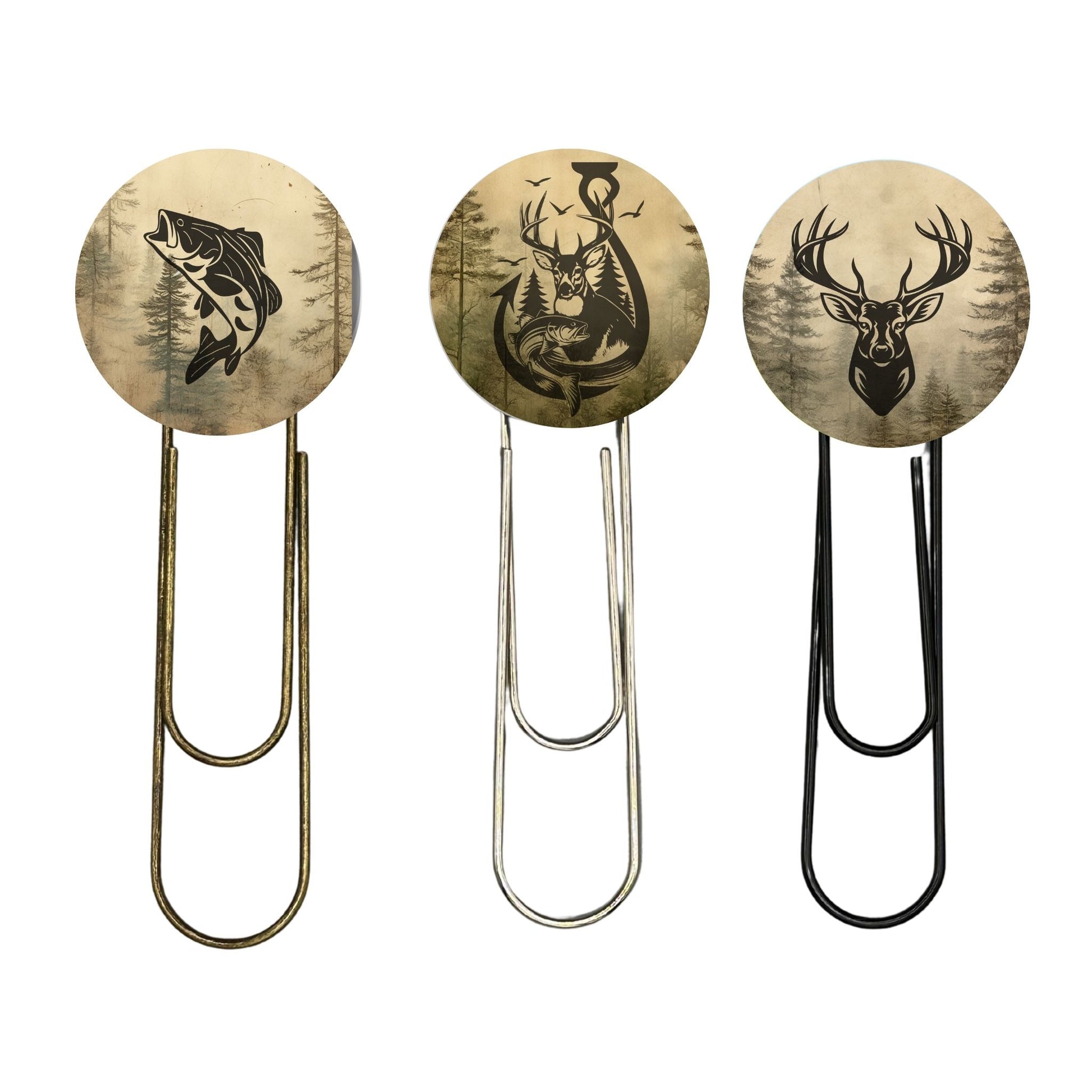 Three paperclips with deer and fish designs on a beige woodland background