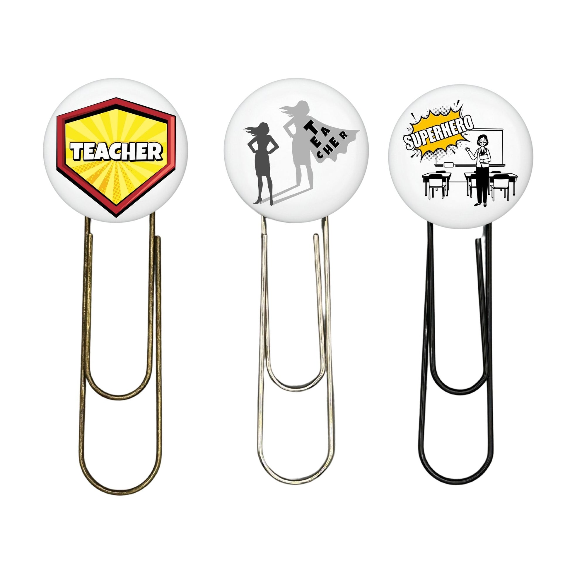 Three paper clips with different designs on a white background