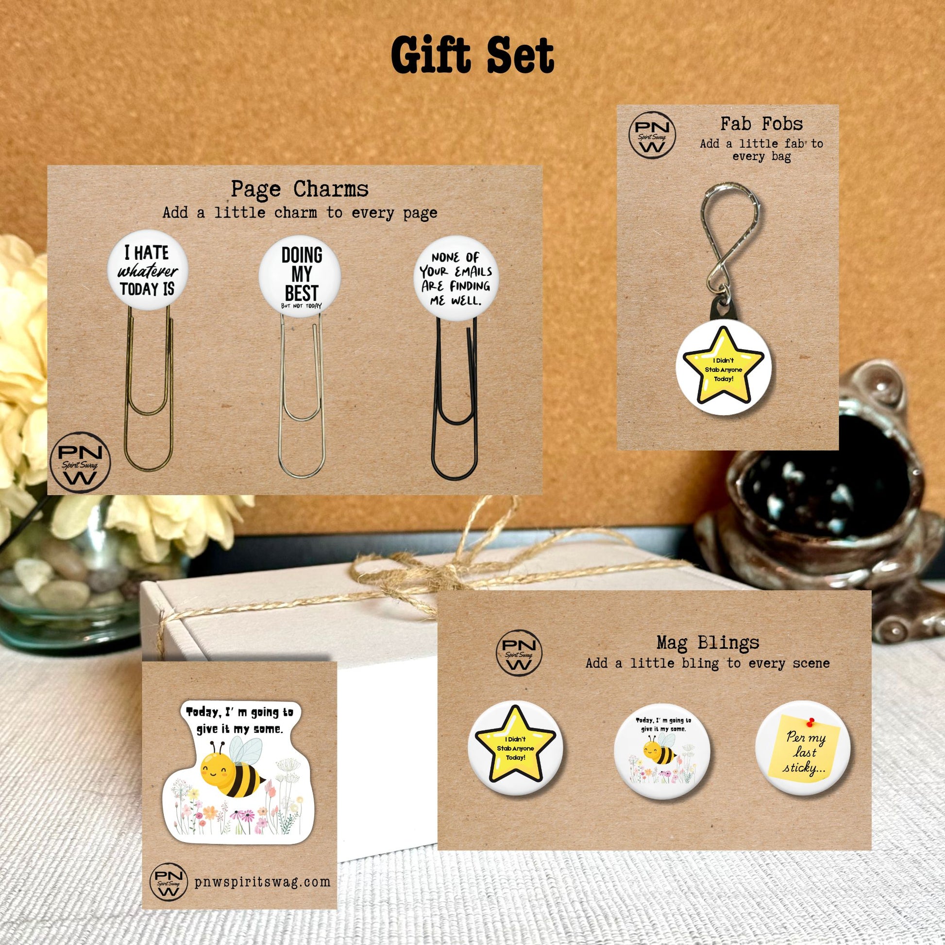 Set of small gifts included in a gift box.